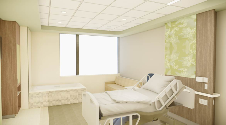 Delivery room featuring labor tub and guest accommodations