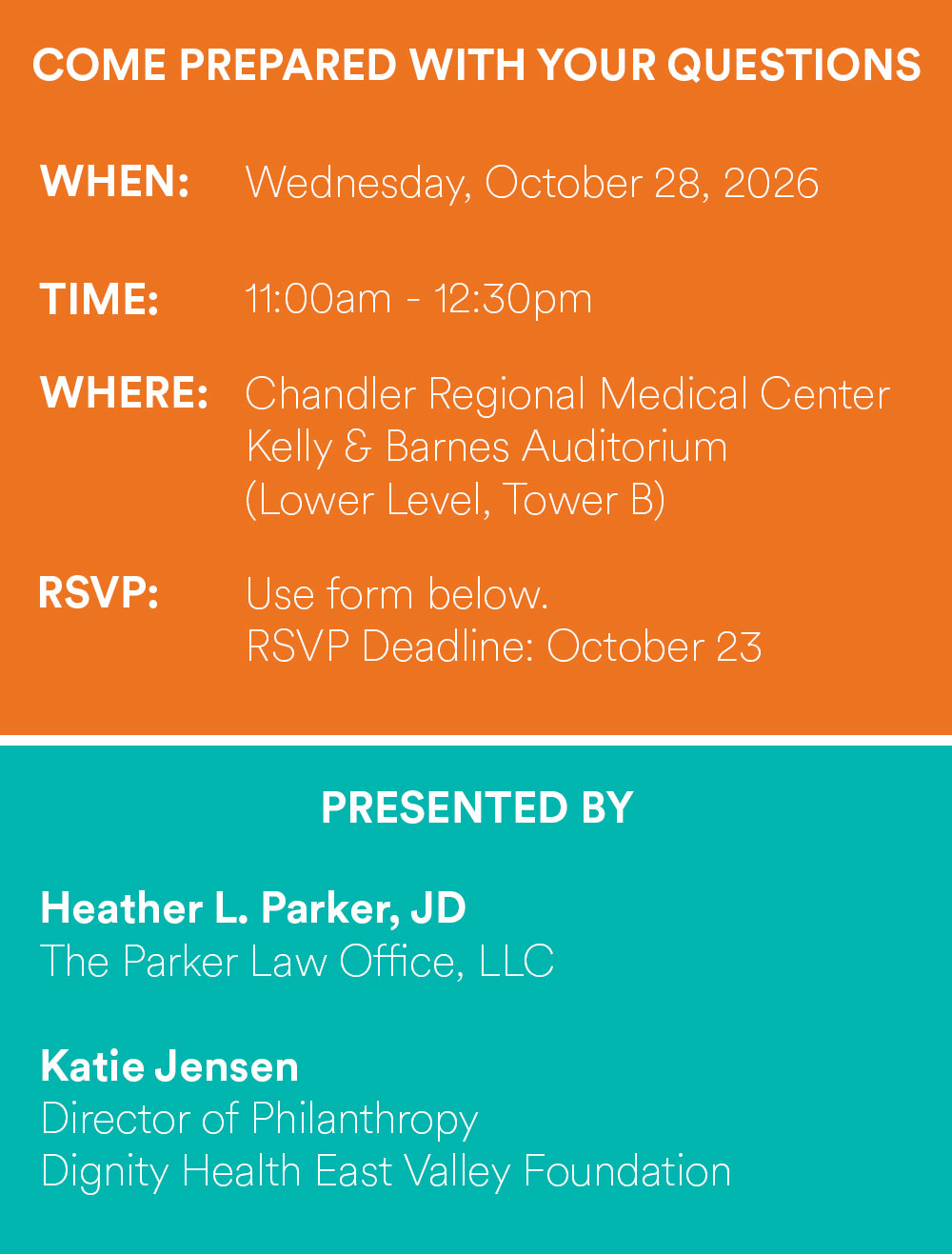 Colored boxes with info on the Estate Planning Seminar