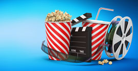Movie graphic with popcorn, slate, soft drink and reel