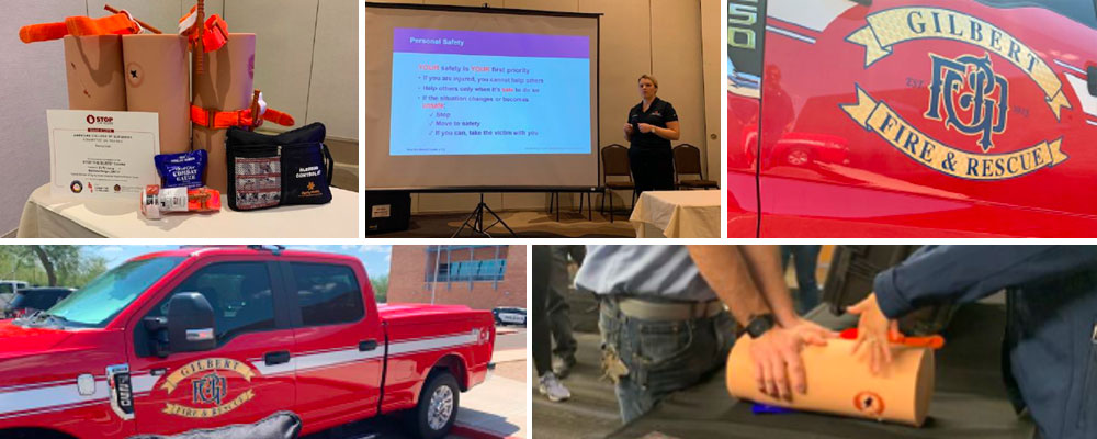 Stop the Bleed photo collage - supplies, fire truck, training